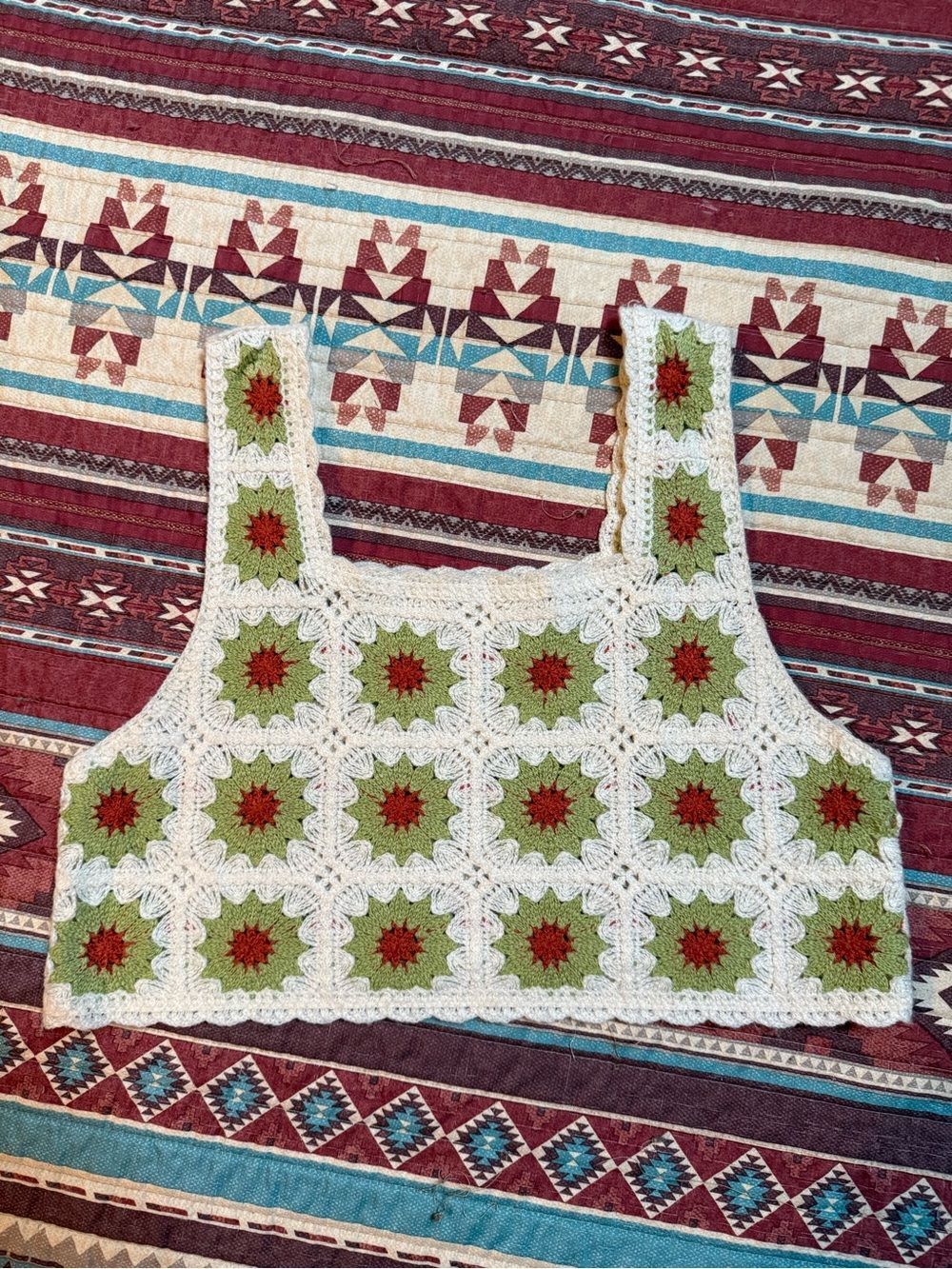 Handmade Crochet Green and Cream Square-Pattern Tank Top small